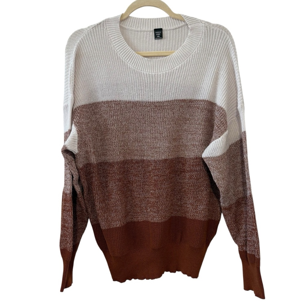 Shein Curve 1XL Rust Brown White Color Block Knit Pullover Sweater Long Sleeve